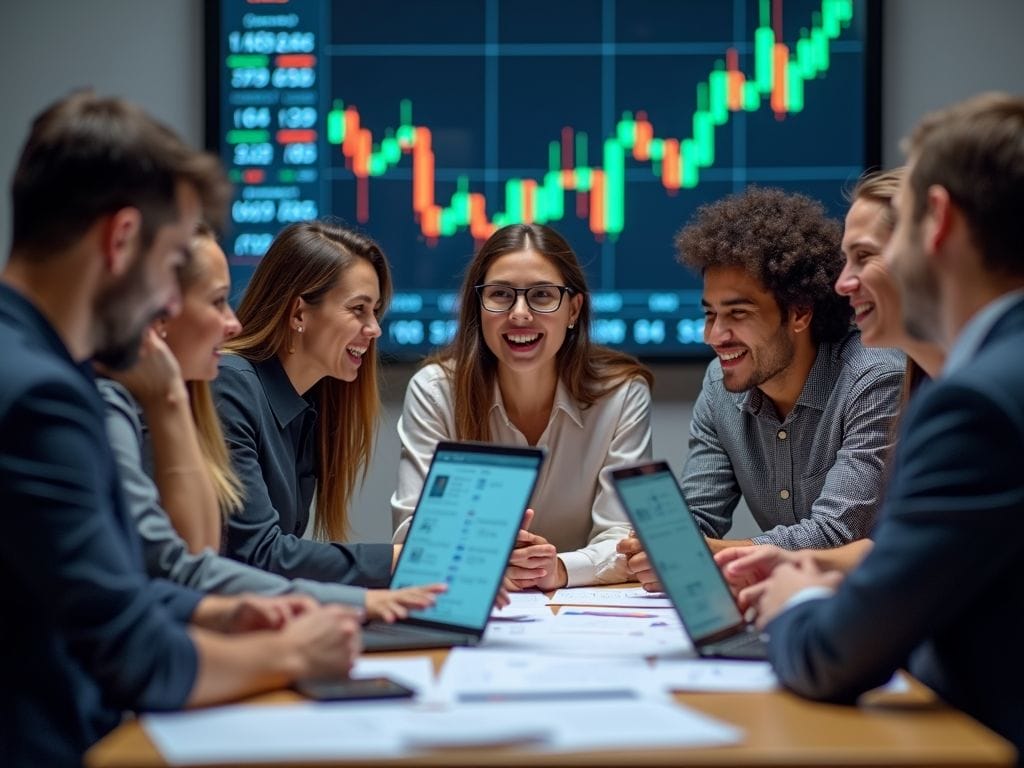 Menschen diskutieren Aktienstrategien mit Laptops und Diagrammen.