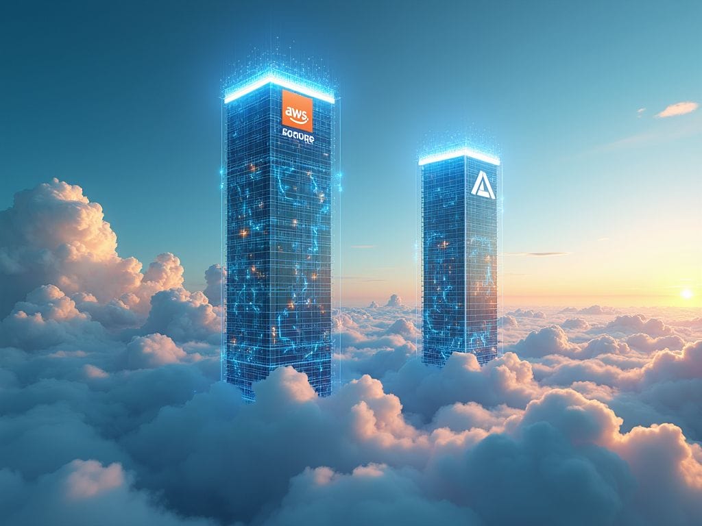 Photorealistic image of digital structures symbolizing AWS and Azure under a cloud-filled sky.