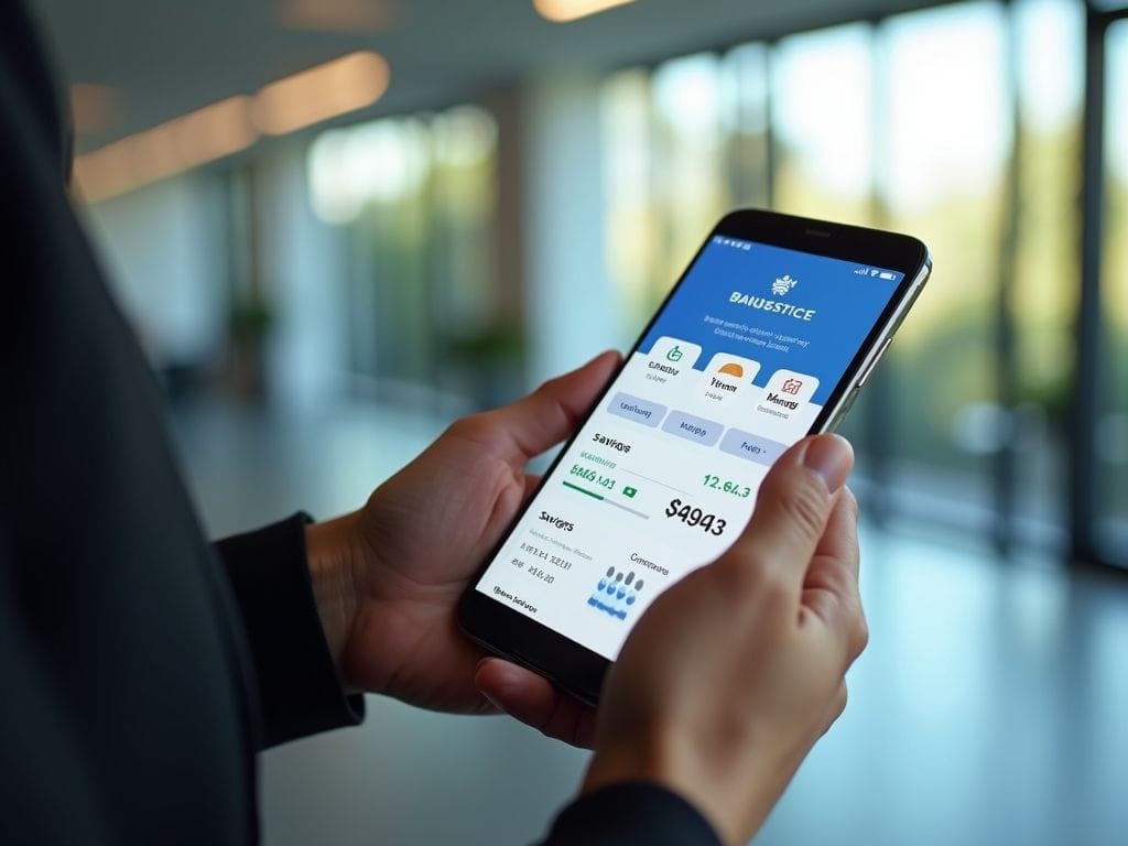Person nutzt Smartphone mit offenen Banking-Apps, zeigt Funktionen wie Sparen und Investitionen.