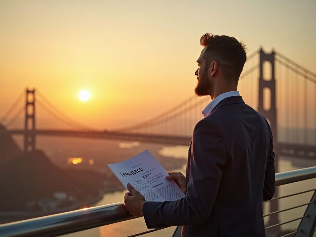 Eine Person auf einer Brücke mit einem Versicherungsdokument, im Hintergrund eine Stadt und Sonnenaufgang.