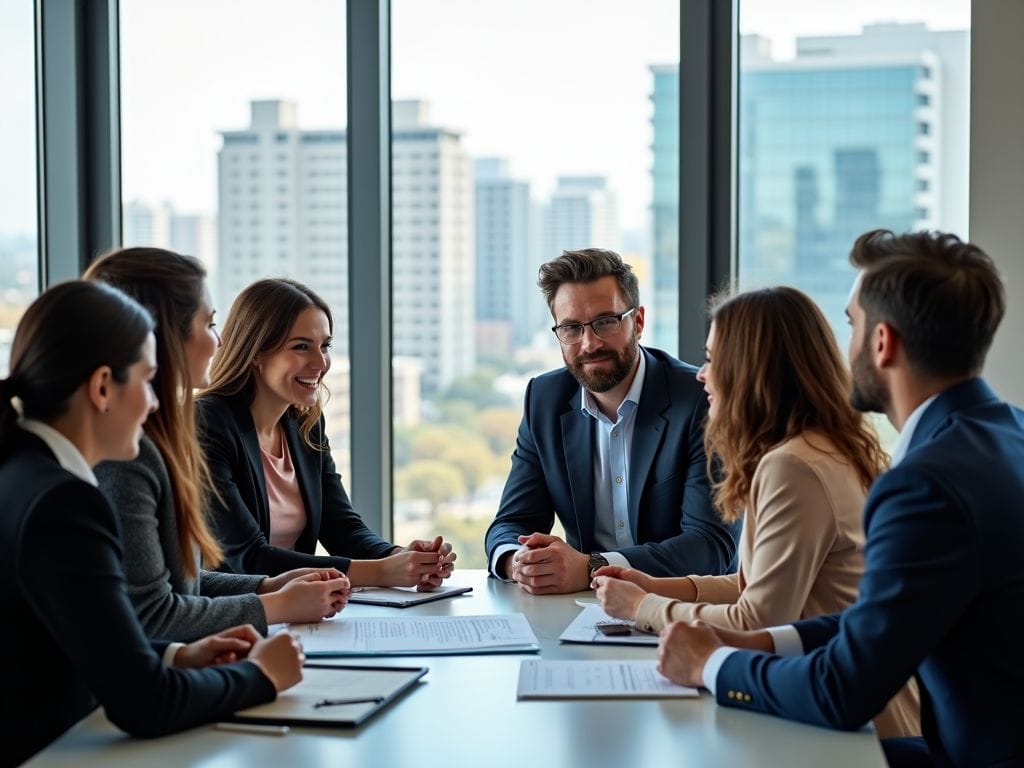 Eine Gruppe von Mitarbeitern in einem modernen Büro diskutiert Altersvorsorgepläne.