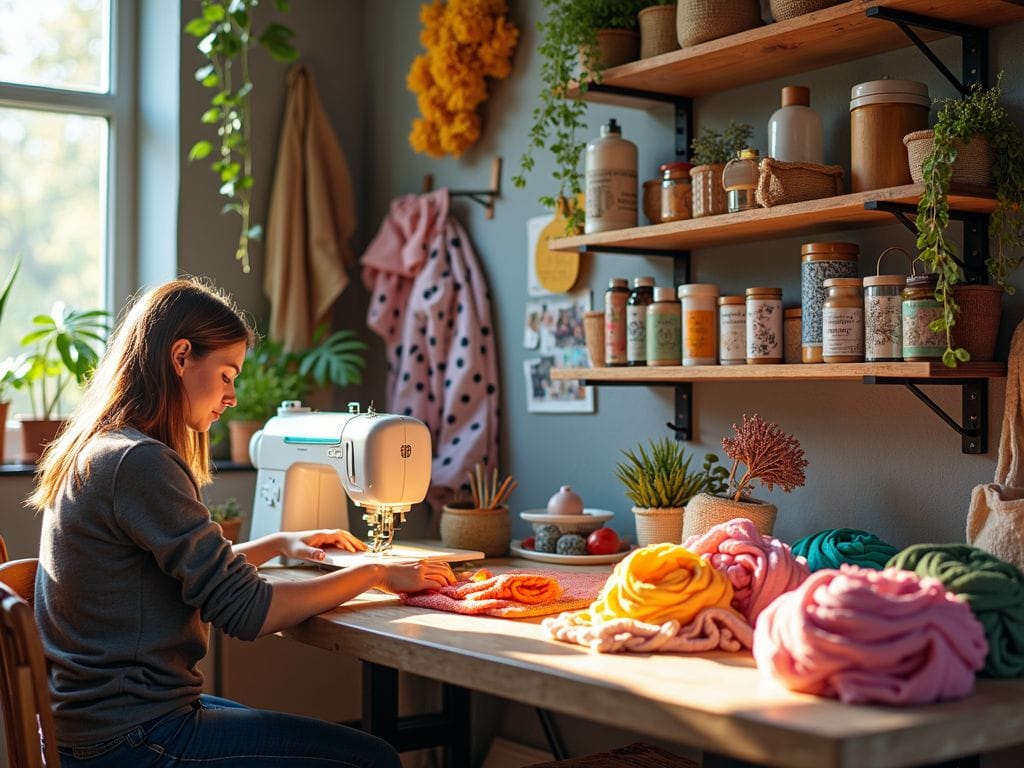 Ein lebendiger DIY-Arbeitsplatz mit verschiedenen Projekten und nachhaltigen Materialien.
