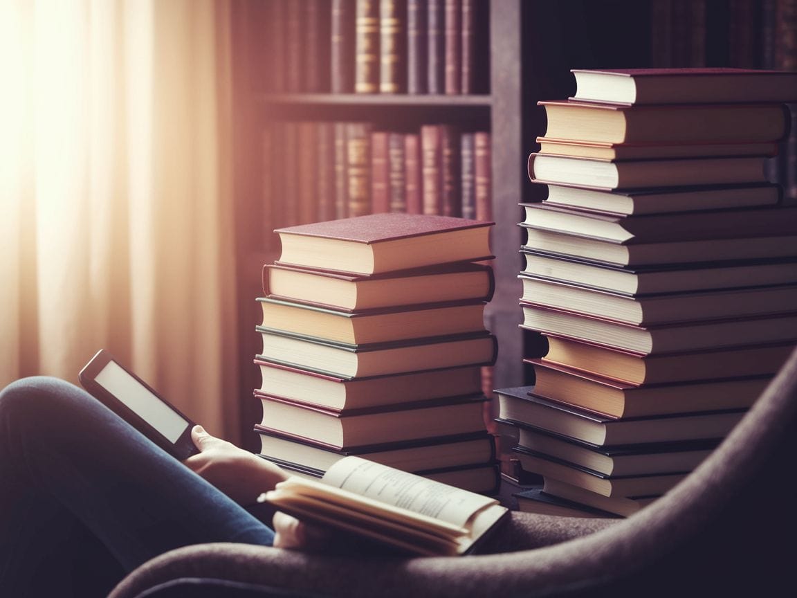 Eine Person in einem Sessel, umgeben von gedruckten Büchern und einem E-Book-Reader in der Hand.