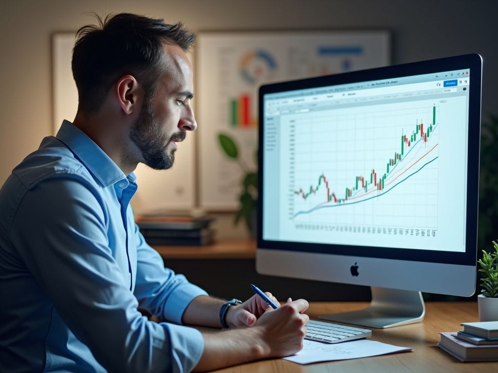 Ein Investor in einem Büro, der Diagramme zur Portfolio-Gewichtung auf einem Monitor analysiert.