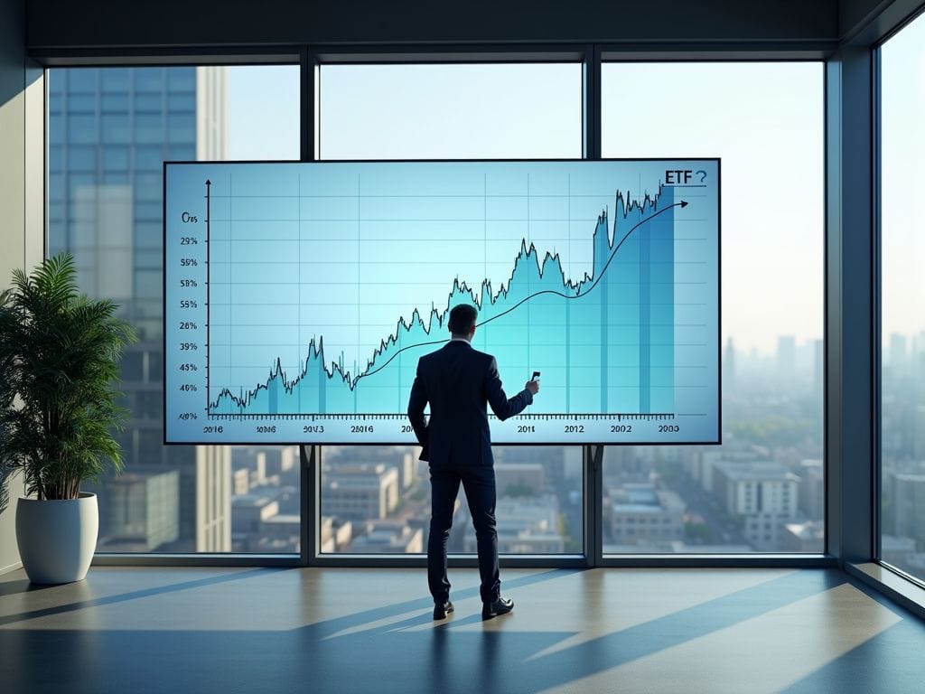 Finanzanalyst betrachtet steigende ETF-Kurse auf einem großen Bildschirm.