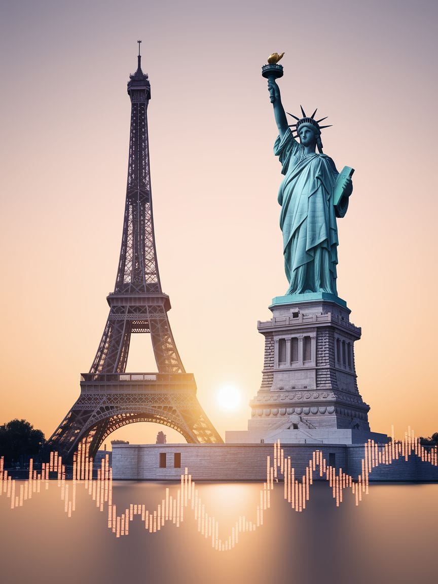 Silhouetten des Eiffelturms und der Freiheitsstatue mit KGV-Daten im Vordergrund.