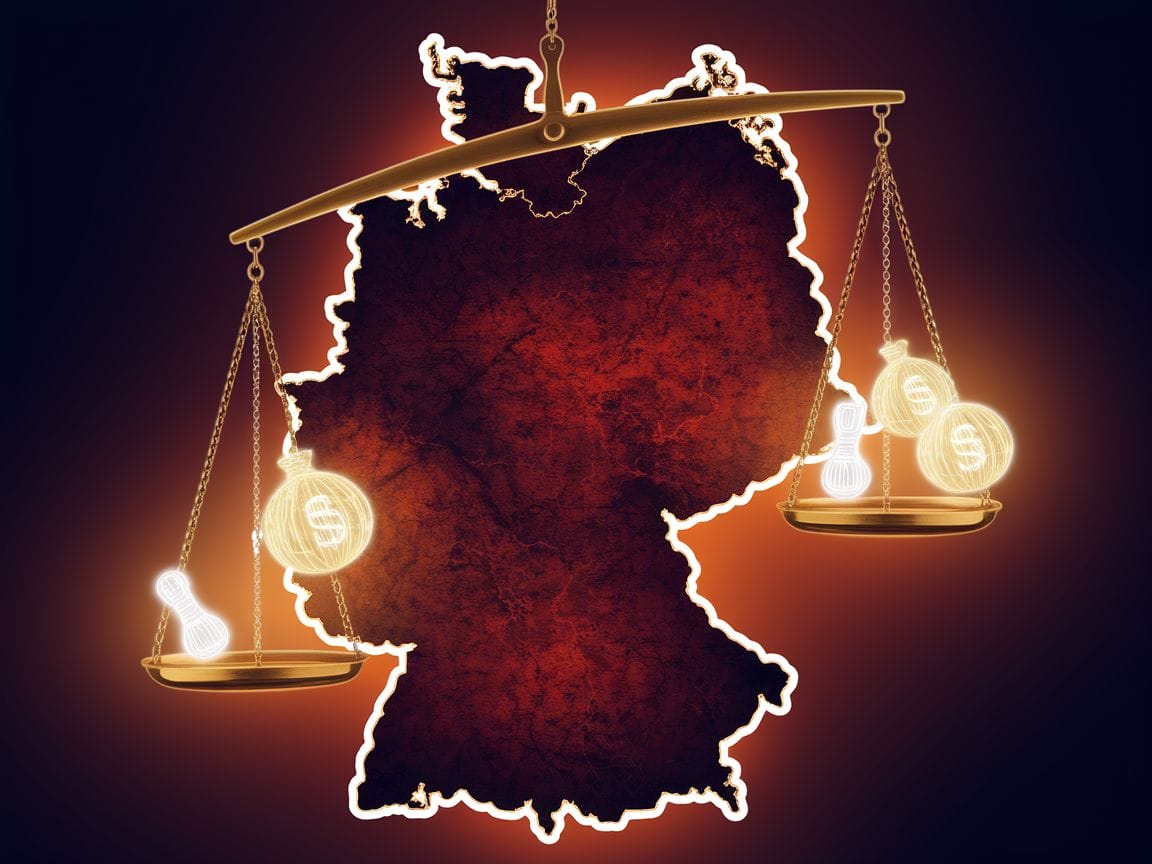 Eine Waage mit Geldsäcken und Innovationssymbolen vor einer Deutschlandkarte.