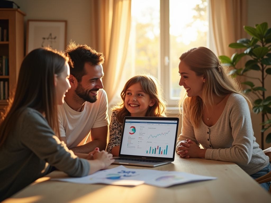 Eine Familie bei der Finanzplanung mit Grafiken und Diagrammen.