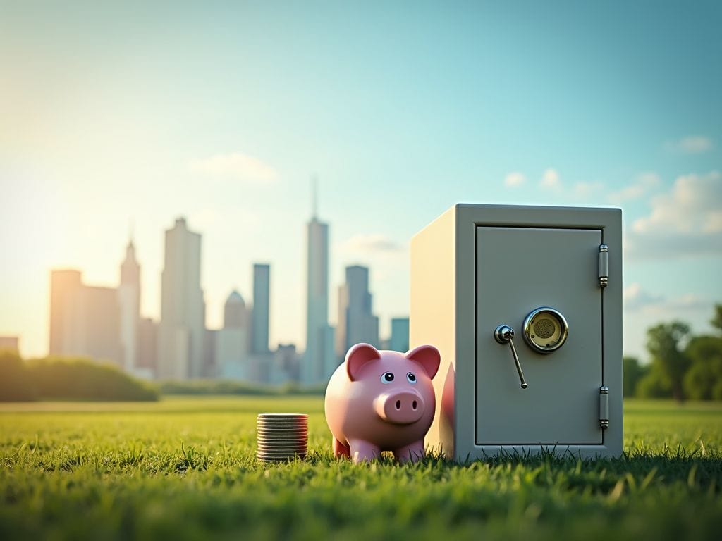 Eine ruhige Finanzlandschaft mit einem Tresor und einem Sparschwein unter einem hellen Himmel, im Hintergrund eine Stadtsilhouette.