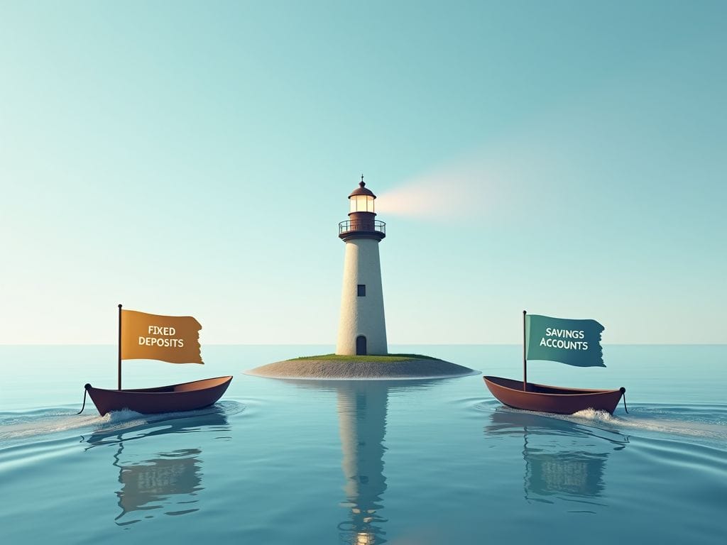 Ein Leuchtturm, der Boote mit den Aufschriften 'Festgeld' und 'Tagesgeld' durch ruhige Gewässer führt.
