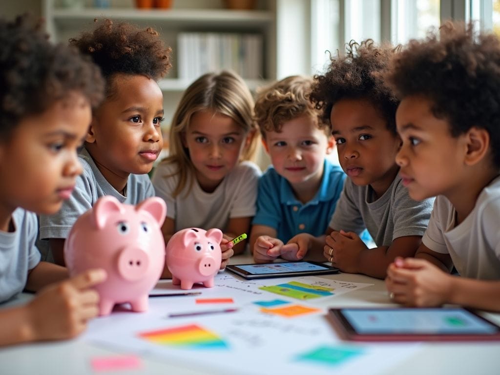 Eine diverse Gruppe von Kindern und Jugendlichen, die sich mit finanziellen Bildungstools beschäftigt.