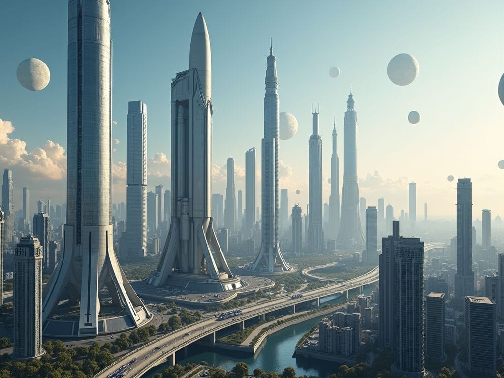 Eine futuristische Stadtlandschaft mit Raumfahrttechnologie, Startplätzen und Satelliten.