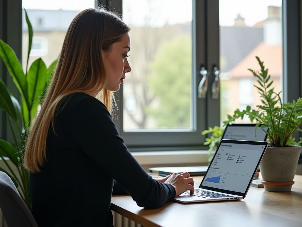 Eine Person am Schreibtisch, die Girokonto-Optionen auf einem Laptop und Tablet vergleicht.