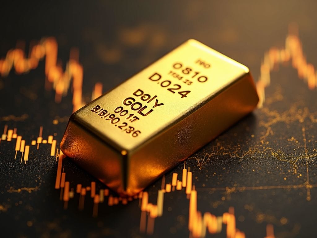 Ein zentraler Goldbarren mit einem schwankenden Aktienmarktgraphen im Hintergrund, der die Natur von Goldinvestitionen darstellt.