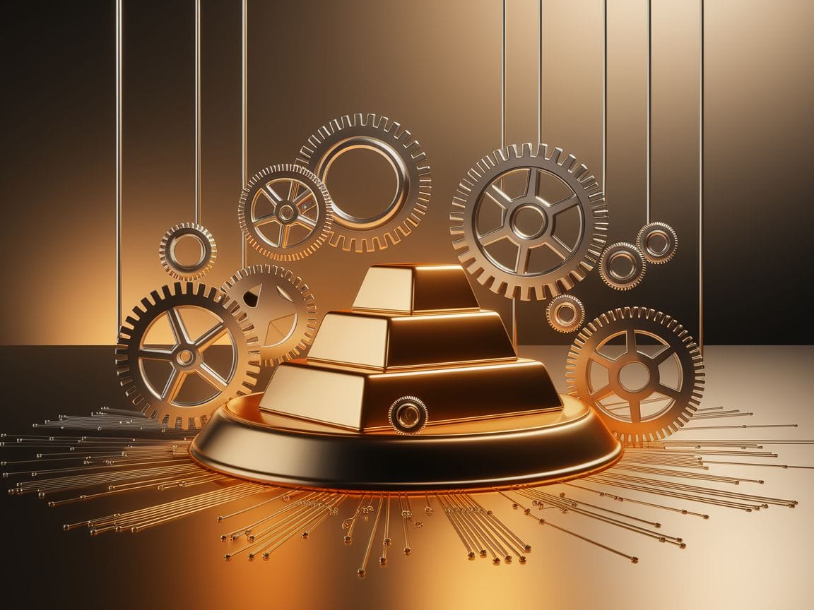Gold- und Silberbarren umgeben von industriellen Symbolen wie Zahnrädern.