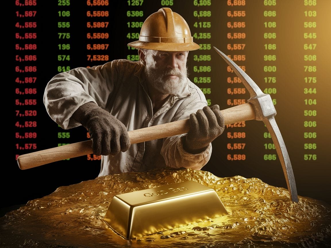 Goldminenarbeiter und Goldbarren mit Börsentafel im Hintergrund.