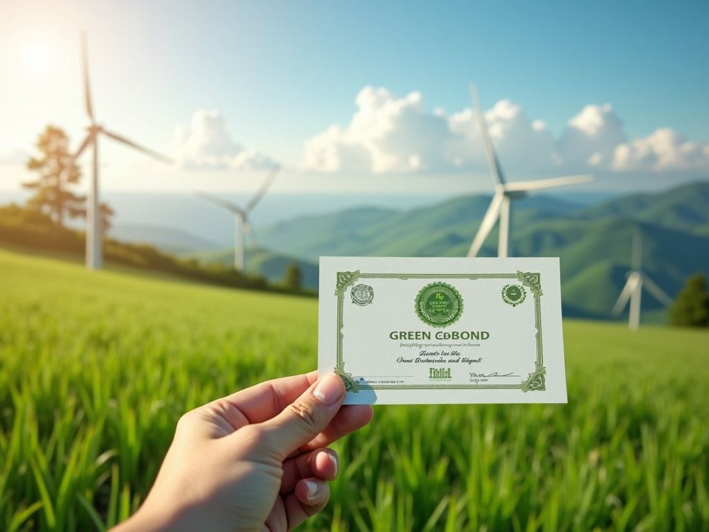 Ein Zertifikat für eine grüne Anleihe vor einer Landschaft mit Windturbinen und Solarpanels.