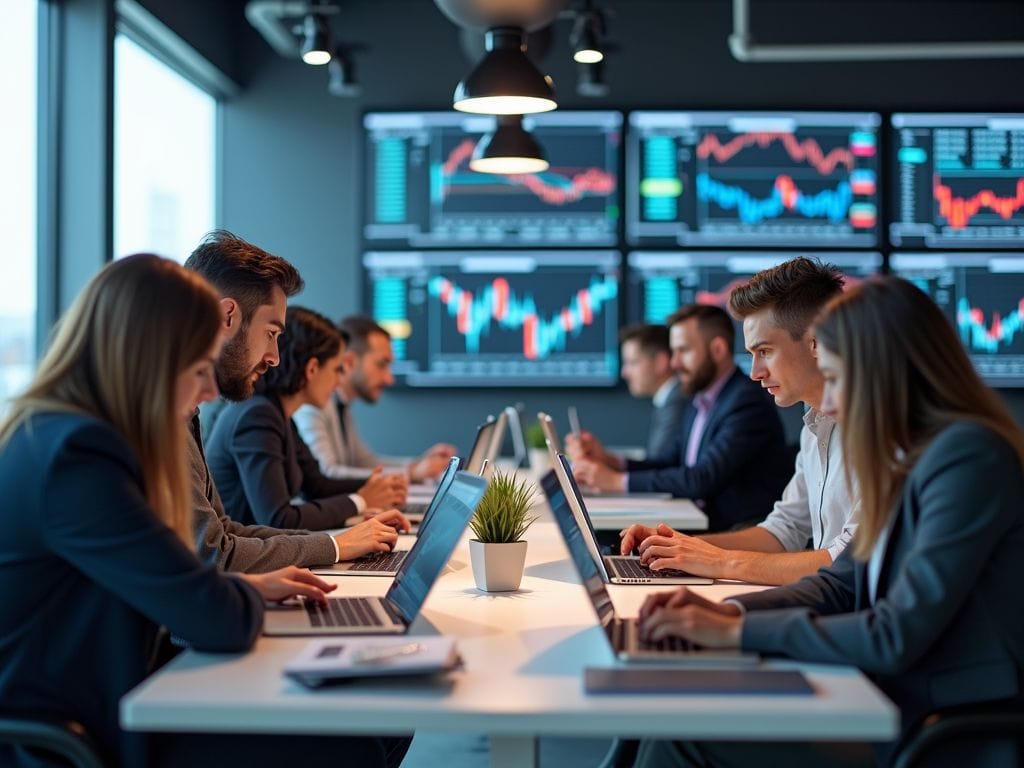 Eine diverse Gruppe von Investoren, die in einem modernen Büro Online-Broker-Optionen auf ihren Geräten vergleichen.