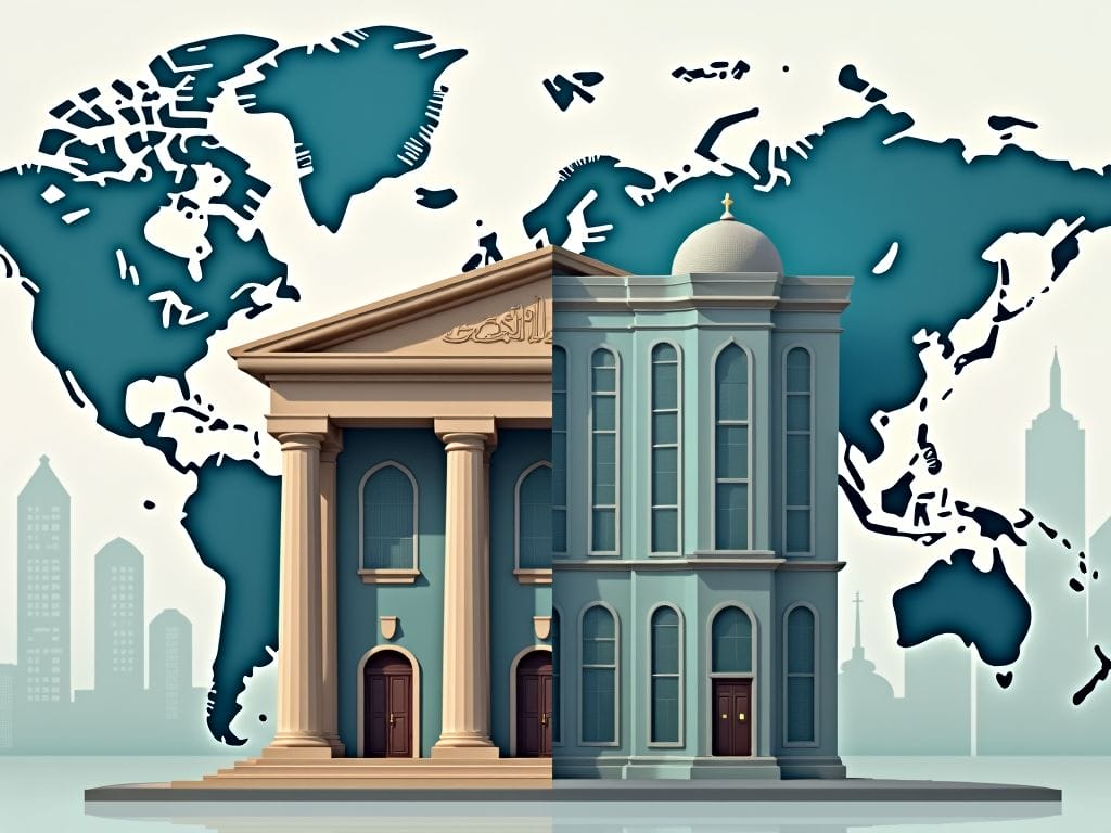 Ein Bild, das eine traditionelle Bank und ein modernes islamisches Finanzinstitut zeigt, um die Unterschiede und Verbindungen zwischen den Finanzsystemen zu veranschaulichen.