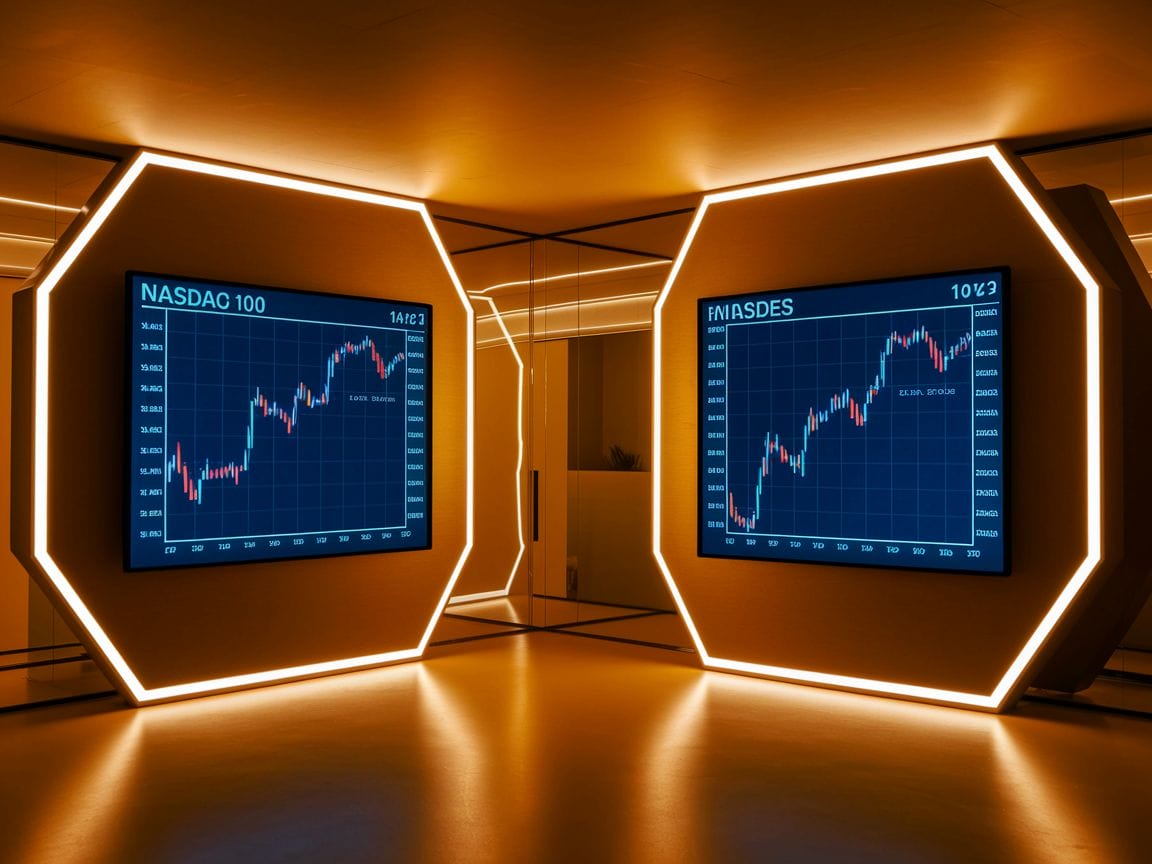 Zwei große Bildschirme in einem modernen Büro, einer zeigt Nasdaq 100, der andere Dow Jones.