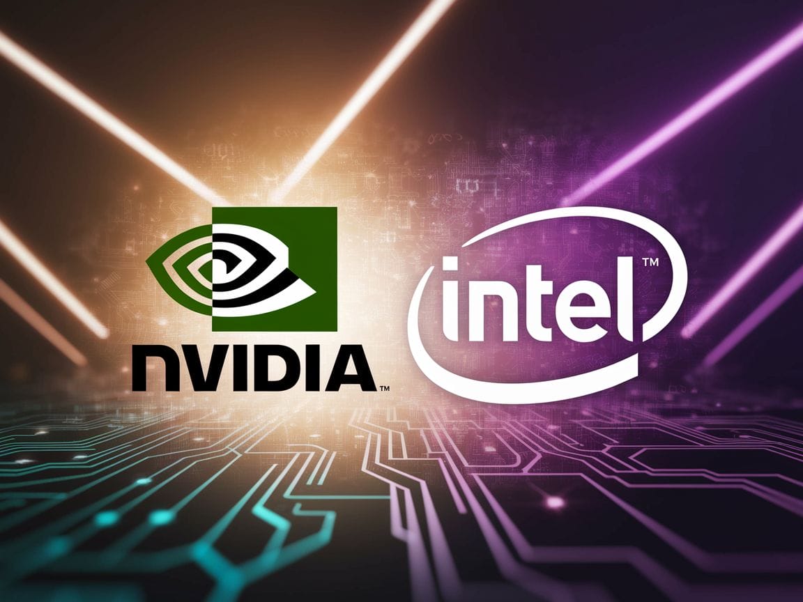 Dynamisches Bild mit Nvidia- und Intel-Logos in einer digitalen Landschaft, das den Wettbewerb im KI-Chip-Markt symbolisiert.