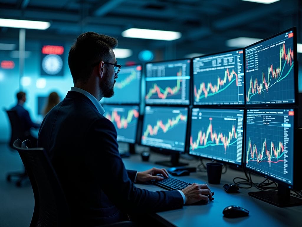 Moderner Handelsraum mit Bildschirmen, die Marktdaten anzeigen, und einem Investor, der Notizen macht.