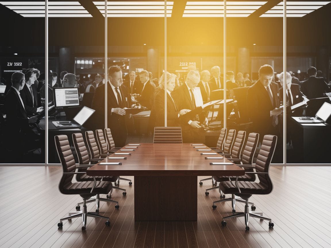 Ein Boardroom kombiniert mit einem Börsenhandelssaal, der die Unterschiede und Synergien von Private Equity und Hedgefonds darstellt.