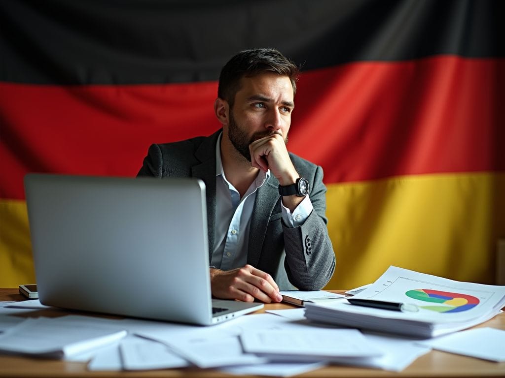 Ein Investor betrachtet Riester-Rente-Daten vor einem Hintergrund mit deutscher Flagge.