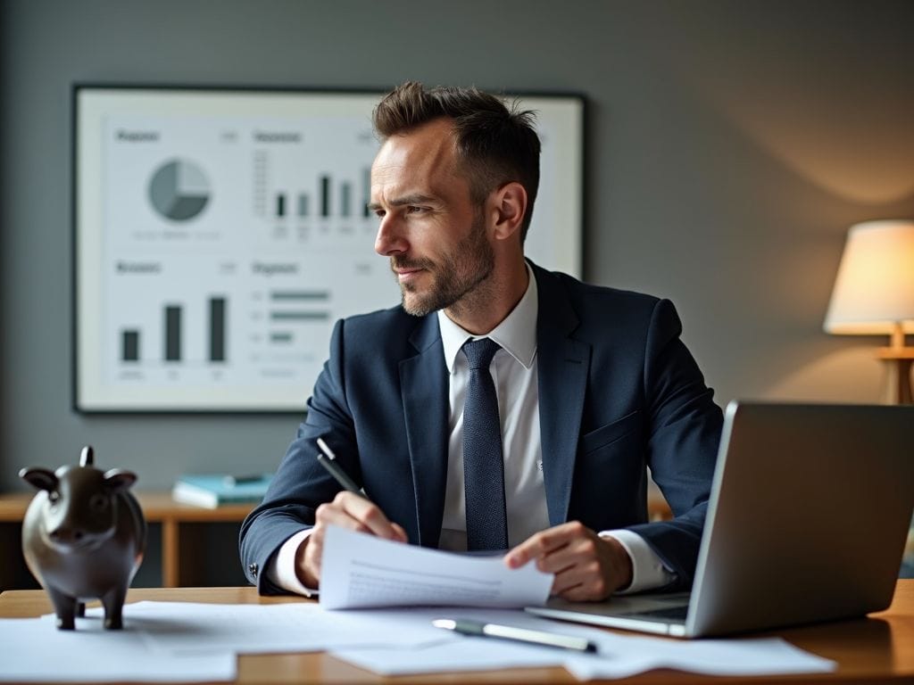 Ein Investor an einem Schreibtisch mit Finanzdokumenten, einem Laptop und einem Sparschwein, umgeben von Diagrammen und Charts.