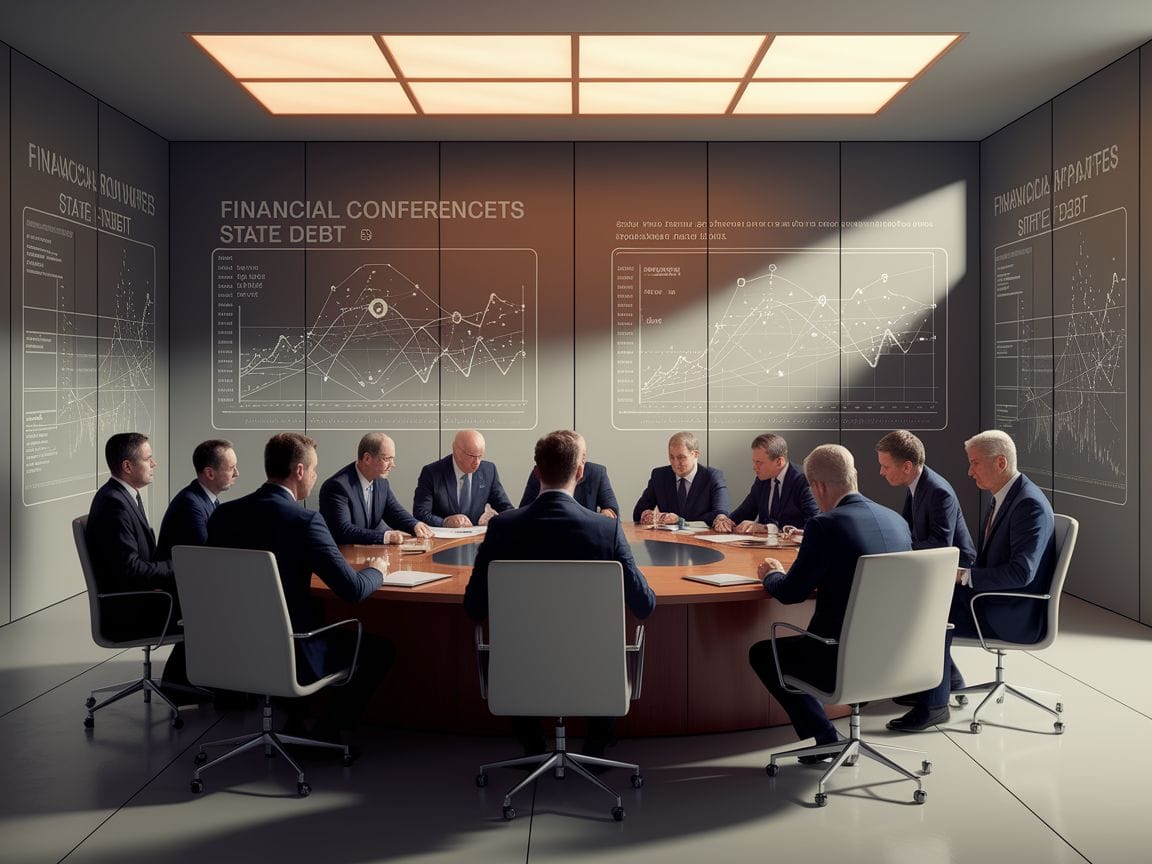 Ein Sitzungssaal mit Diskussionen über die wirtschaftlichen Auswirkungen der Staatsverschuldung.