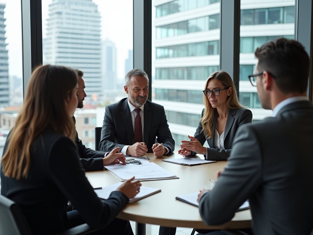 Gruppe von Menschen diskutiert Finanzstrategien in einem modernen Konferenzraum mit Stadtblick.