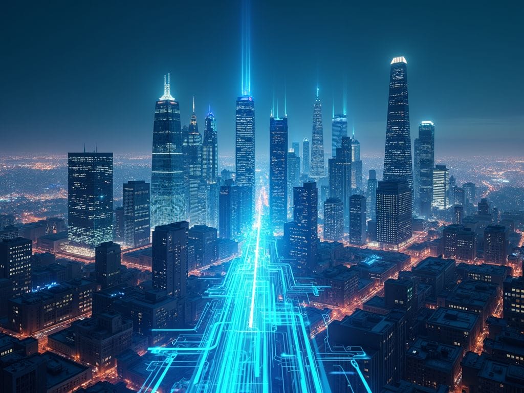 Eine futuristische Stadt mit Datenströmen und holographischen Anzeigen, die die Vernetzung von Tech-Unternehmen darstellen.