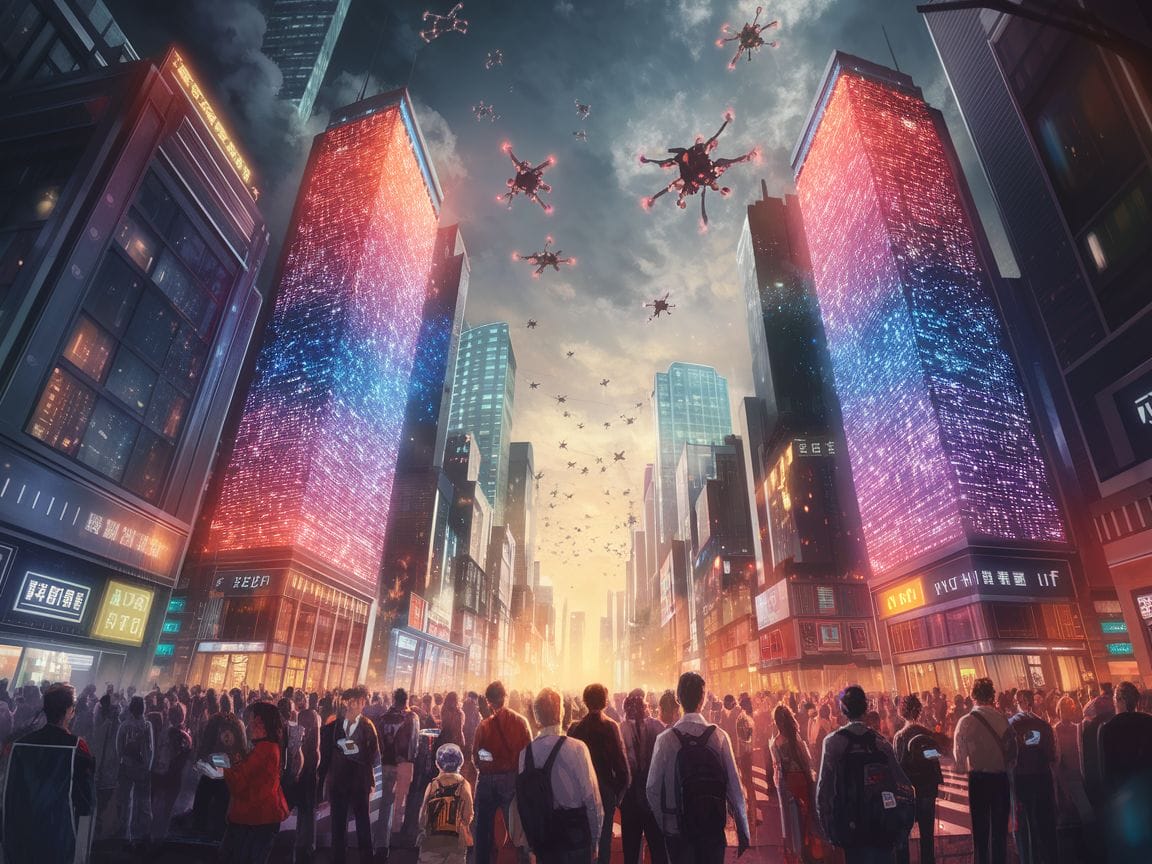 Ein Bild zeigt die dynamische Technologie-Szene in China und Indien, mit Wolkenkratzern und technologischen Symbolen.