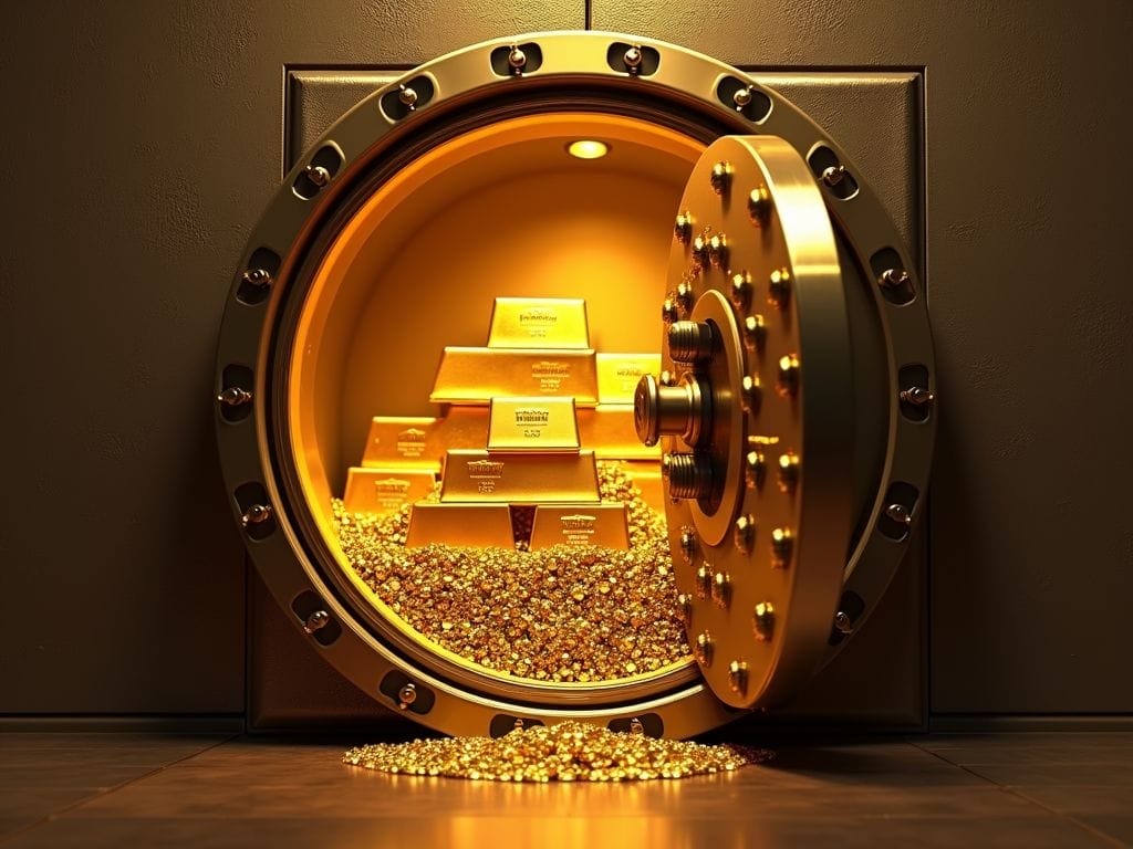 Ein Tresor mit geöffnetem Türspalt, gefüllt mit Goldbarren, der Reichtum und Sicherheit symbolisiert.