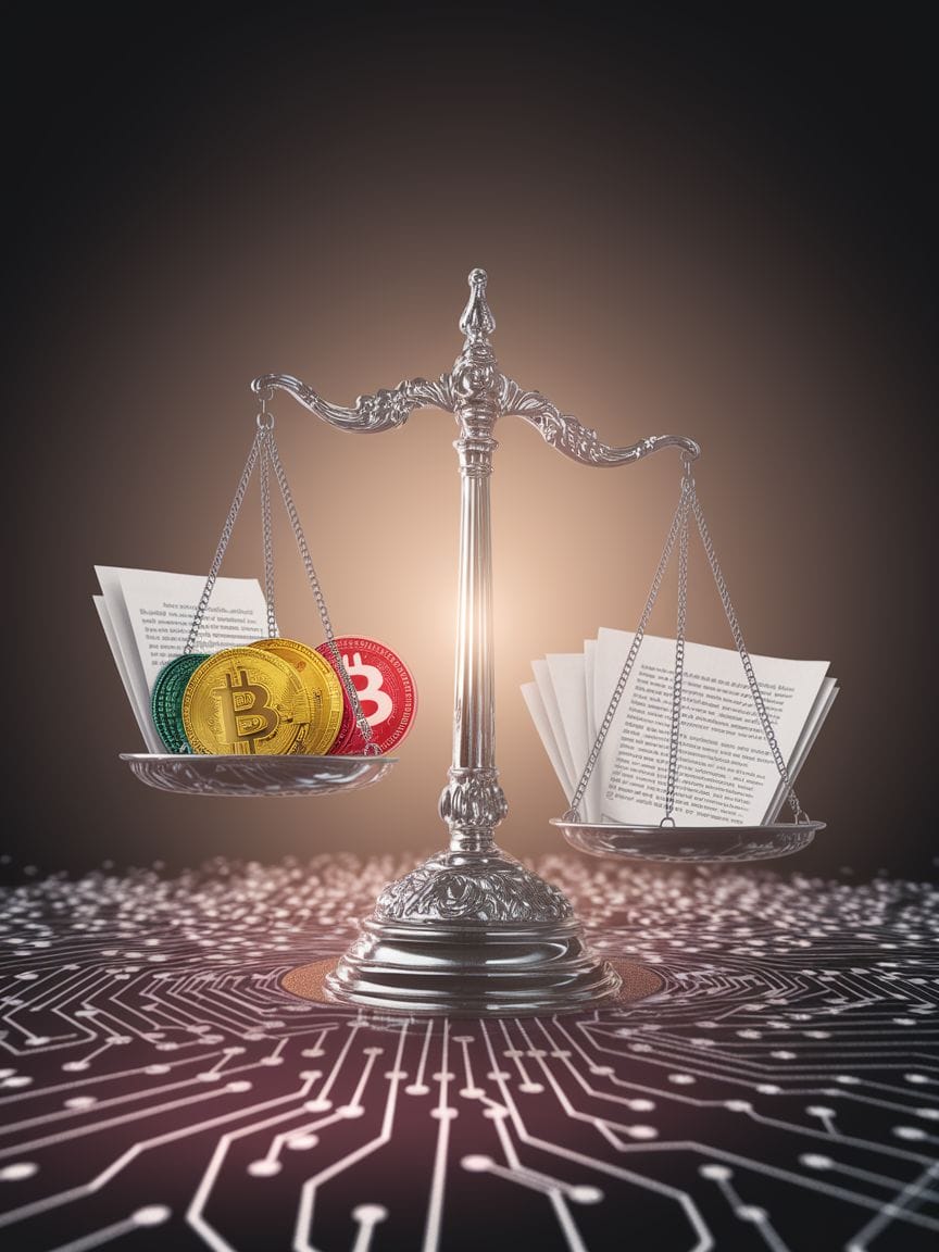 Eine Waage mit digitalen Währungssymbolen und regulatorischen Dokumenten, die die Balance im Kryptomarkt symbolisiert.