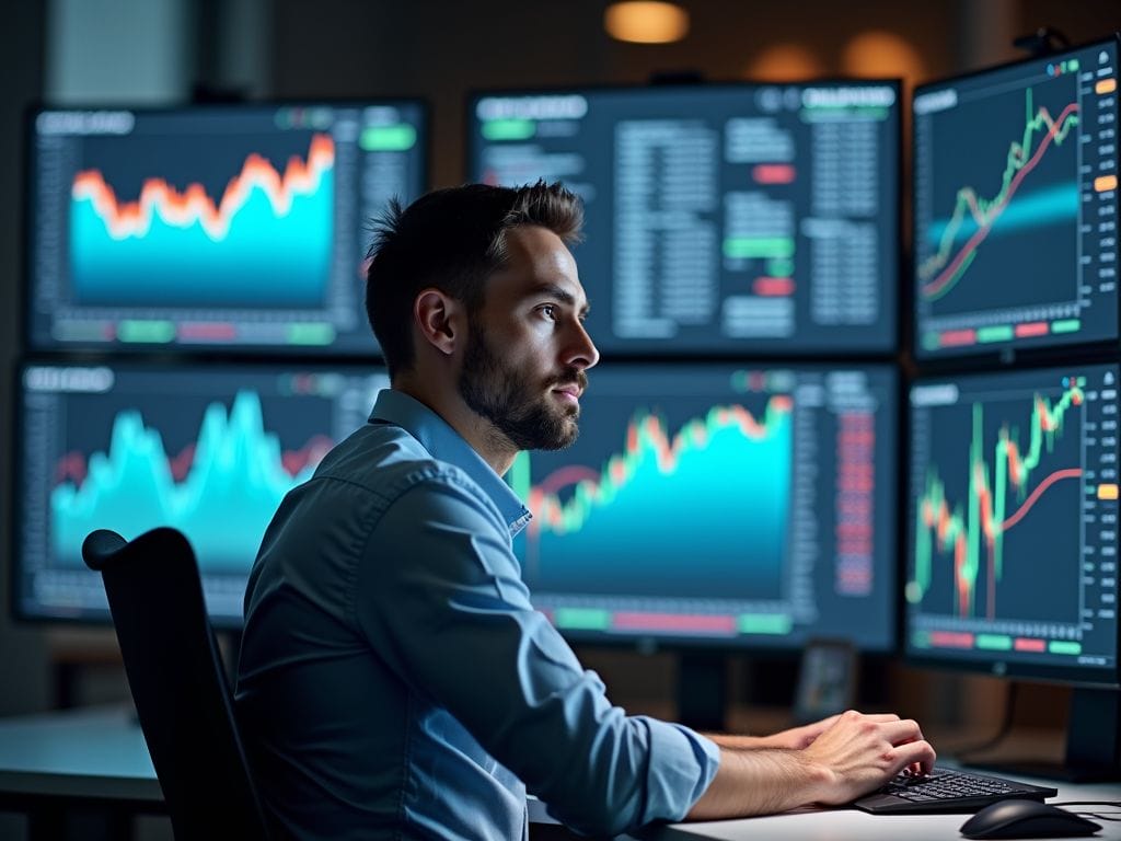 Trader im Büro mit Technologie und Diagrammen, konzentriert auf Risikomanagement.