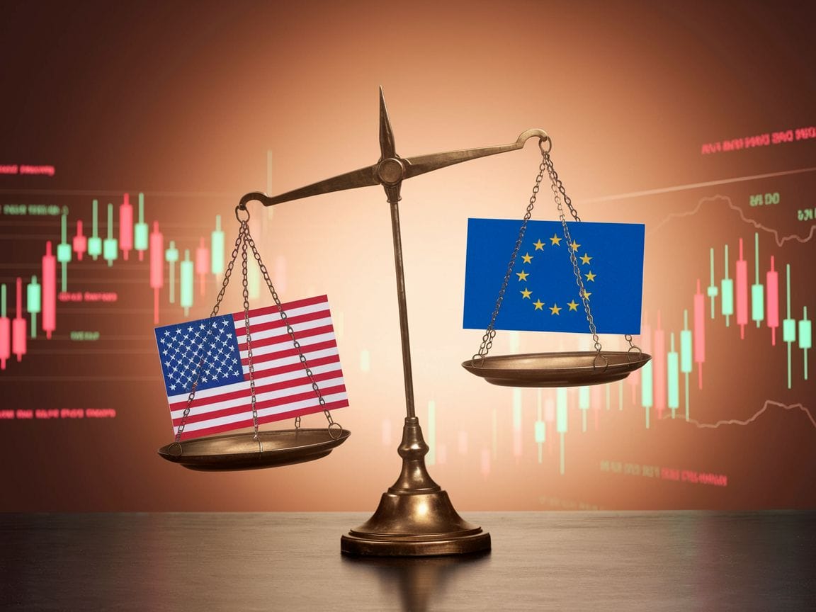 Waage mit US- und EU-Flaggen, umgeben von wirtschaftlichen Symbolen wie Diagrammen und Marktplätzen.