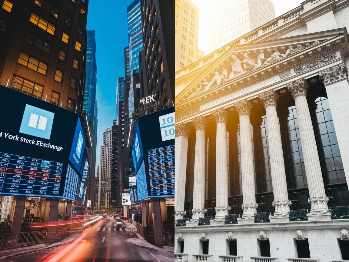 Ein Bild zeigt den Kontrast zwischen der NYSE und einer europäischen Börse.
