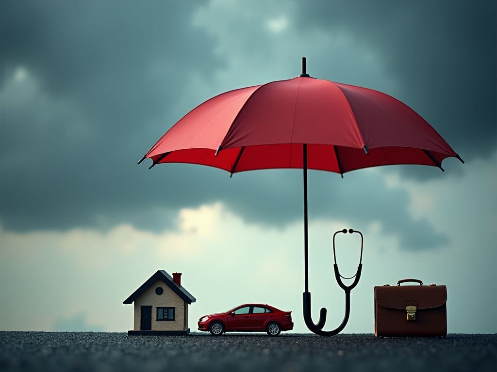 Ein schützender Regenschirm über symbolischen Gegenständen wie Haus, Auto und Aktenkoffer.