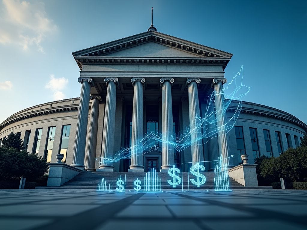 Fotorealistisches Bild eines Zentralbankgebäudes mit digitalen Wirtschaftssymbolen.